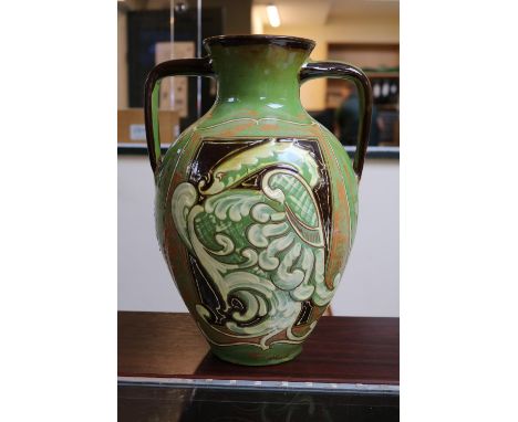 Large&nbsp;19thC Brannam Art Pottery two handled double handled vase. 35cm in Height