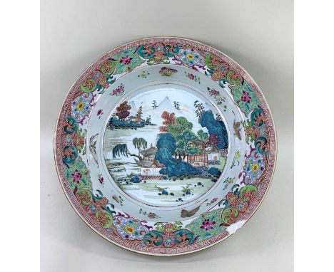 CHINESE FAMILLE ROSE PORCELAIN BASIN, Qianlong, centre painted with mountainous river landscape with pagoda and figures in pa