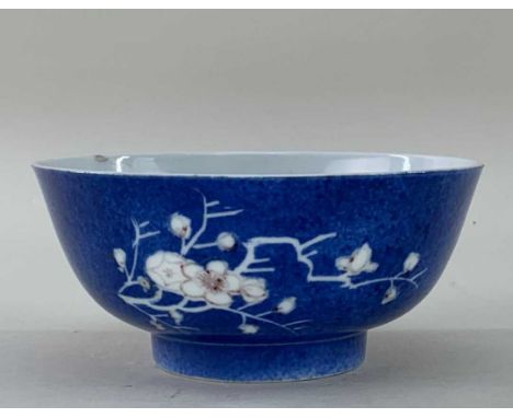 CHINESE COPPER RED & POWDER BLUE PORCELAIN BOWL, Kangxi, painted with two spays of flowering prunus, single character seal ma