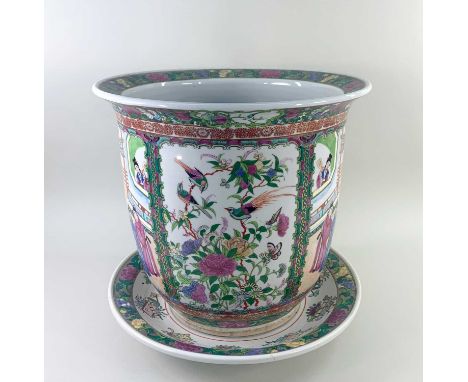 MODERN CHINESE FAMILLE ROSE JARDINIERE AND SAUCER, painted in the Canton style with figures, birds, and flowers, 32cm H x 35.
