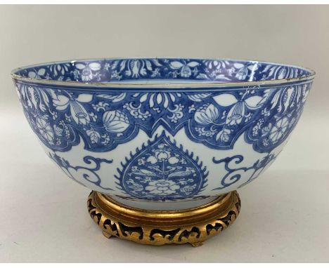 CHINESE BLUE & WHITE PORCELAIN PUNCH BOWL, Kangxi, centre painted with medallion of lotus and pomegranate, beneath border of 