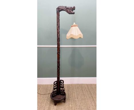 CHINESE HARDWOOD 'DRAGON HEAD' LANTERN STAND, carved prunus column, three pierced brackets to circular base on raised legs, o