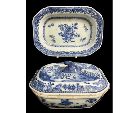 CHINESE BLUE & WHITE PORCELAIN SAUCE TUREEN, COVER & STAND, Qianlong, the domed cover painted with a formal garden with auspi