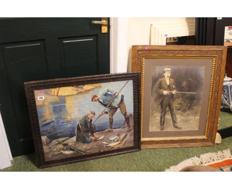 Oak framed print of Pilchard Fishing &amp; Framed Photographic print of a Man with rifle C.1900 