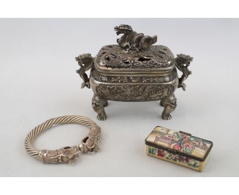 White metal Asian Bangle with Dragons head decoration, White metal Censor and a Hand painted lidded box 