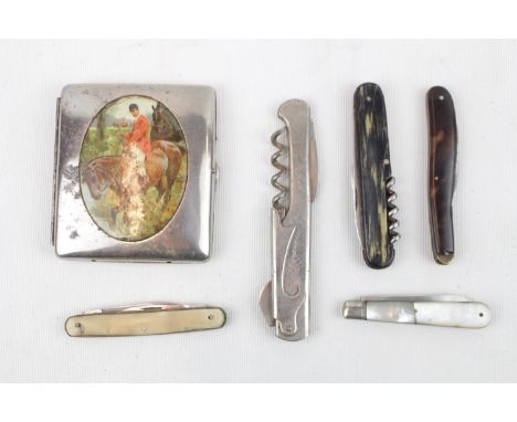 Collection of assorted Pocket knives inc. Silver with mother of pearl and a Fox Hunting related cigarette case 