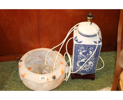 3 AA Car Badges, 1950s Light Shade and a Blue &amp; White table lamp 