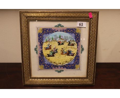 Persian Hand painted panel of Polo playing in hand painted mount and inlaid frame. 33cm in Diameter and 2 others 