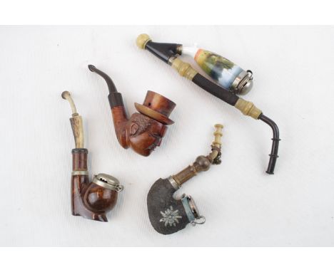Collection of 4 Interesting European Pipes inc. Carved wood and Ceramic 
