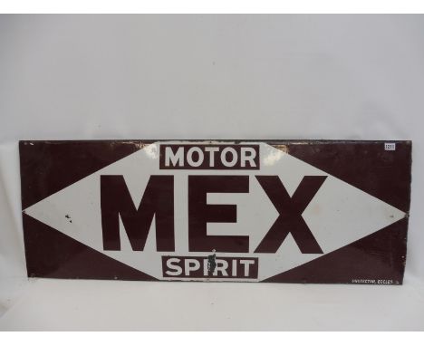 A Mex Motor Spirit rectangular enamel sign by Protector of Eccles, mounted on a wooden board, 48 x 18".