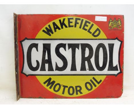 A Wakefield Castrol Motor Oil double sided enamel sign with hanging flange by Stocal of Burton, 20 x 16".