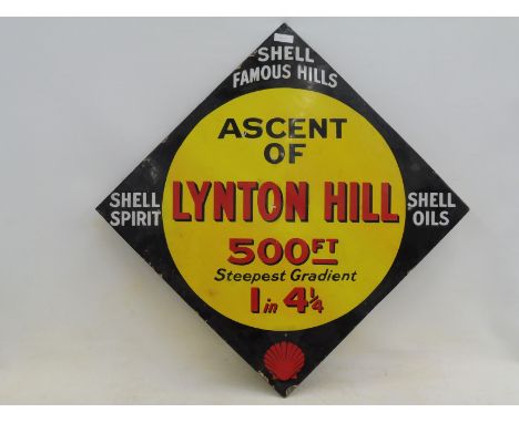 A rare Shell 'Famous Hills' lozenge shaped enamel sign - Ascent of Lynton Hill 500ft, with some retouching, 42 1/4 x 42 1/4".