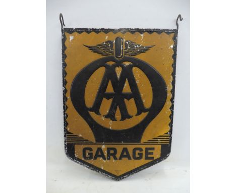 A pair of AA Garage advertising signs by Franco mounted back to back in a hanging frame, unusually embossed aluminium as oppo