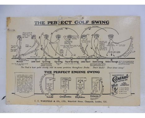 A Wakefield Castrol Motor Oil pictorial showcard, with illustrations depicting The Perfect Golf Swing and The Perfect Engine 