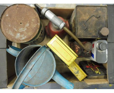 A box of assorted tins to include Filtrate and Dunlop.