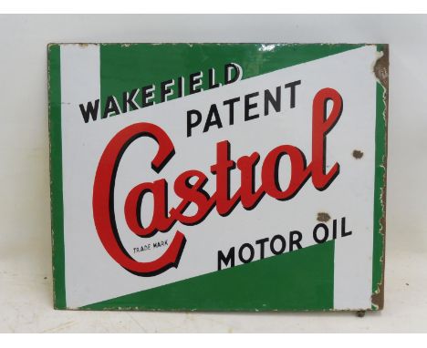 A good Wakefield Patent Castrol Motor Oil rectangular double sided enamel sign with hanging flange by Bruton of Palmers Green