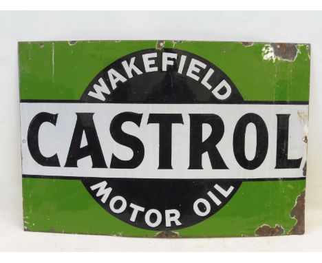 A Wakefield Castrol Motor Oil green and black rectangular enamel sign, 30 x 20". 