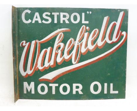 An early Wakefield Castrol Motor Oil double sided enamel sign with hanging flange, some restoration, 18 x 15". 