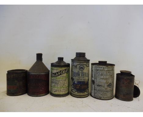 Six assorted tins to include Bow Bells and Collan-Oil.