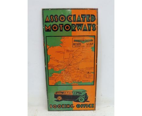 An Associated Motorways Booking Office part pictorial enamel sign with route map to the centre, 17 x 34 1/2". 