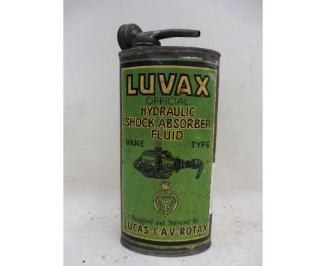 A Luvax Official Hydraulic Shock Absorber Fluid oval can as supplied and serviced by Lucas CAV and Rotax.