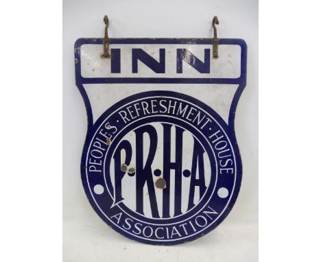 A Peoples Refreshment House Association double sided enamel sign on two hanging hooks, 22 1/2 x 29". 