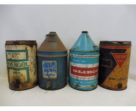 Four 5-gallon drums including BP Energol and Germ Oils.
