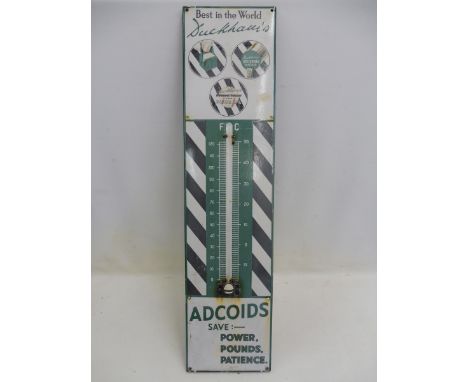 A Duckham's Adcoids black and white enamel thermometer lacking tube, 11 x 45 1/4".