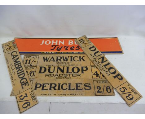 A John Bull paper advertisement laid on hardboard, 41 x 8 3/4" and five Dunlop cardboard brand inserts, each approximately 28