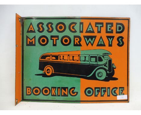 An Associated Motorways Booking Office pictorial double sided enamel sign with hanging flange, 23 x 18". 