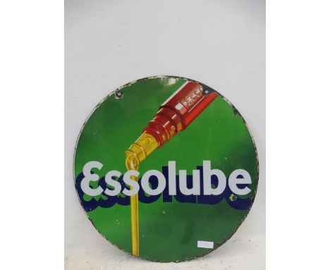 An Essolube part pictorial circular enamel double sided sign, 26" diameter.
