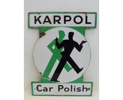 A Karpol Car Polish Art Deco style double sided hanging enamel sign, 21 1/4 x 28 3/4".
