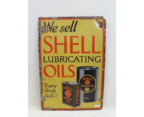 An early Shell Lubricating Oils 'Every Drop Tells' pictorial enamel sign depicting a five gallon can and a gallon can, 24 x 3