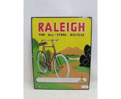 A Raleigh 'The All-Steel Bicycle' pictorial enamel sign, in good condition, marked to the bottom: Printed in England Series N
