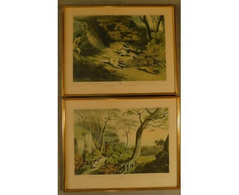 A pair of framed and glazed prints, hunting dogs. H.43 W.54cm 