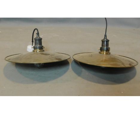 A pair of industrial style circular brass ceiling light pendants, D.40cm