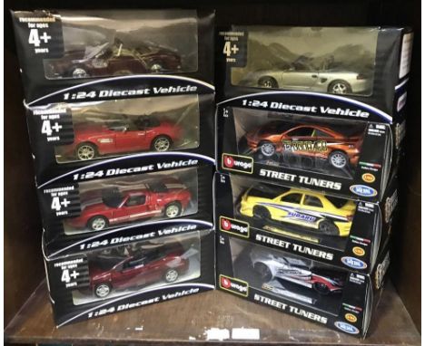 8 boxed die cast scale 1:24 model sports cars. 5 Kid Connection &amp; 3 Burago Street Tuners 