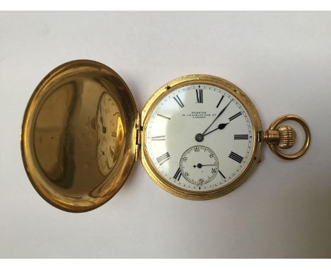 An 18ct gold full hunter pocket watch by Webster, the white enamel dial with Roman numerals denoting hours and subsidiary sec
