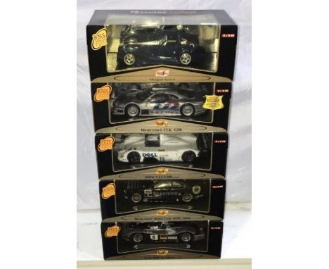 5 boxed die cast Maisto GT Racing scale 1:18 model sports cars including Audi R8R Le Mans, Mercedes-Benz CLK DTM 2000, BMW V1