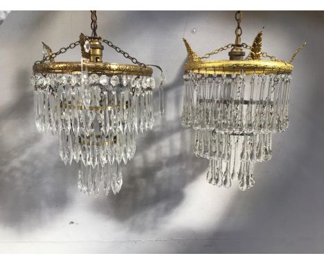 Two similar gilt and three tier crystal drop light fittings,  drop approx. 30cm 