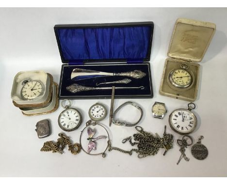 A ladies stainless steel Omega cocktail watch and five various pocket watches including two silver-cased examples, together w