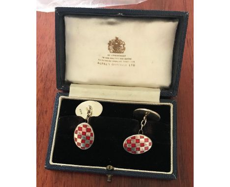 A pair of silver and red enamel gent's cufflinks, of oval shaped with chequered red enamel design, Birmingham, 1996, maker ZM