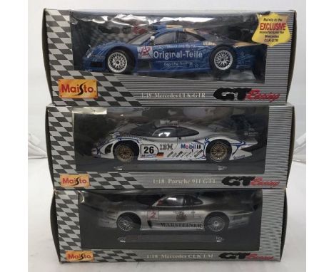 3 boxed diecast Maisto 1:18 model GT Racing cars. Mercedes Benz CLK GTR &amp; Mercedes Benz CLK LM &amp; Porsche 911 GTI 