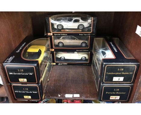 7 boxed diecast Maisto 1:18 Special Edition model cars. 2001 Chevrolet Corvette, Chevrolet Chevelle, Porsche Boxster, Lamborg