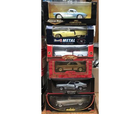 6 boxed die cast scale 1:18 model cars including Ford Thunderbird, Rolls-Royce, Cadillac Eldorado, Ford Capri, Mustang &amp; 