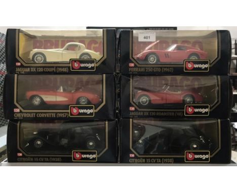 6 boxed Burago die cast scale 1:24 model cars including Ferrari 250 GTO, Jaguar XK 120 Roadster, Citroen 15 CV TA, Jaguar XK 