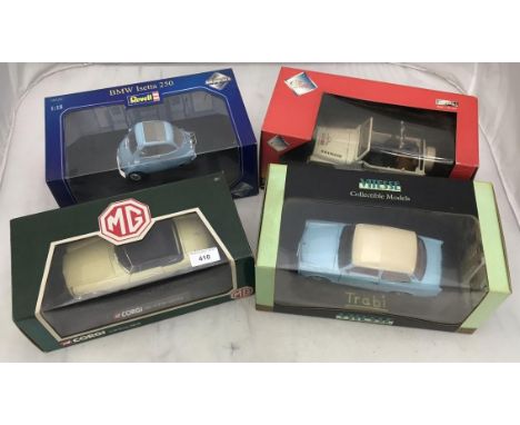 4 boxed die cast scale 1:18 model cars including a Corgi 45201 1963 MG MGB Roadster Primrose Yellow &amp; Solido 97 Jeep Wran