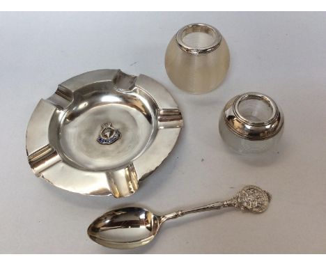 A silver ashtray from HMS Renown, together with two various silver-mounted globular glass match strikers and a silver 'Shooti