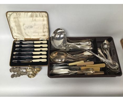 A set of 8 Chinese white metal teaspoons (test as silver), together with a quantity of silver-plated flatware, Walker &amp; H