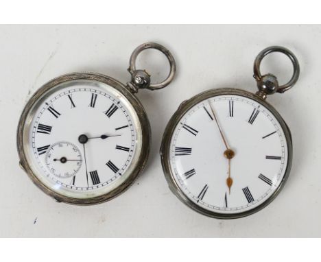 Two small silver cased open face pocket watches, the first with profusely engraved case, Roman numerals to a white enamel dia